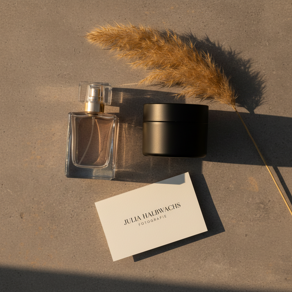 An elegant flat lay of branding photography essentials: a refined glass perfume bottle, a matte black cosmetic jar, and a folded cream-colored business card that subtly reads “Julia Halbwachs Fotografie” in delicate serif typography. These objects are arranged on a textured stone surface in warm grey tones, with a sprig of dried pampas grass adding softness. Soft golden-hour light brushes diagonally across the scene, creating gentle shadows and a luxurious glow. Captured from directly above with photographic realism, the composition uses negative space and a minimalist style to convey sophistication and high-end branding work, with all items carefully positioned and no human presence.