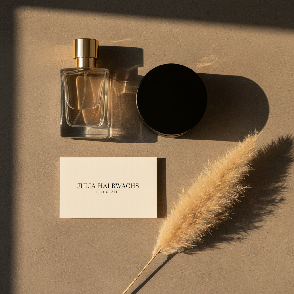 An elegant flat lay of branding photography essentials: a refined glass perfume bottle, a matte black cosmetic jar, and a folded cream-colored business card that subtly reads “Julia Halbwachs Fotografie” in delicate serif typography. These objects are arranged on a textured stone surface in warm grey tones, with a sprig of dried pampas grass adding softness. Soft golden-hour light brushes diagonally across the scene, creating gentle shadows and a luxurious glow. Captured from directly above with photographic realism, the composition uses negative space and a minimalist style to convey sophistication and high-end branding work, with all items carefully positioned and no human presence.