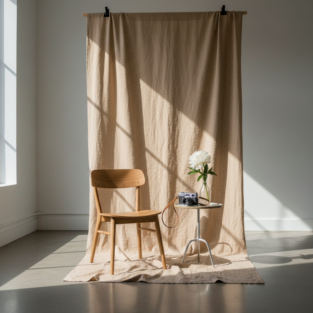 A carefully curated corner of a natural-light photography studio, featuring a tall, textured linen backdrop in warm beige gently sweeping onto the floor, with a simple wooden chair positioned slightly off-center and a small, round side table holding a vintage film camera and a single white peony in a clear glass vase. Large, diffused daylight streams in from an unseen window, creating soft, directional light and graceful shadows that emphasize texture. Photographic realism, composed using the rule of thirds with a sense of airy space and understated elegance, suggesting portrait sessions and personal branding shoots without the presence of any models.